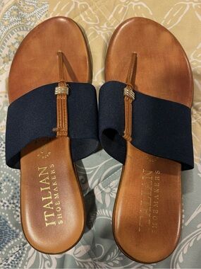 Italian Shoemakers Navy and Tan Toe-Loop Slide Sandals